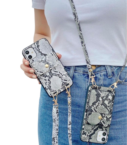 Light Grey Snake Crossbody iPhone 12 Pro Max Case with cardholder pouch