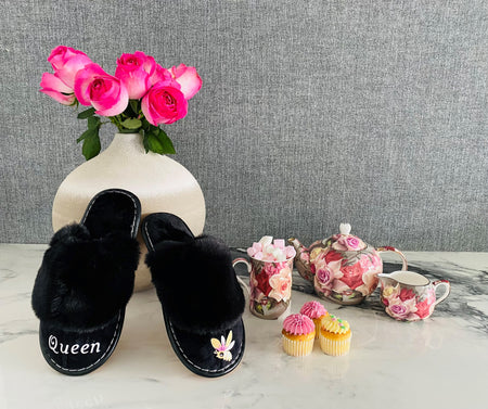 Grey Personalized Slippers with Black Hearts