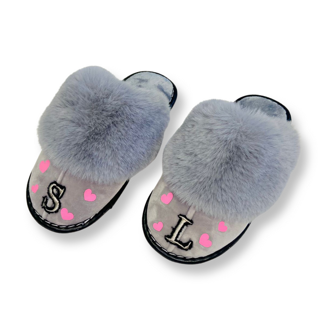 Grey Personalized Slippers with Pink Hearts
