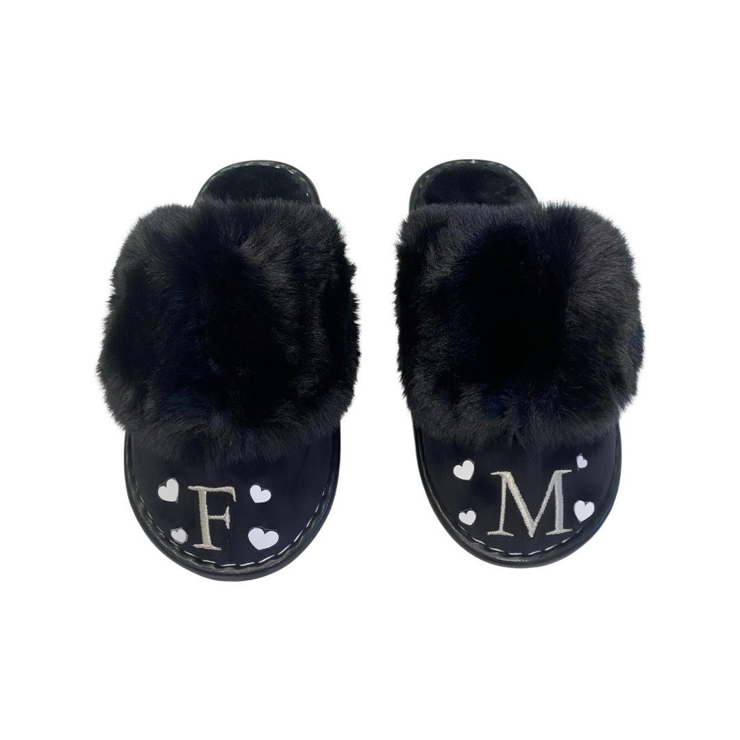 Black Personalized Slippers with White Hearts