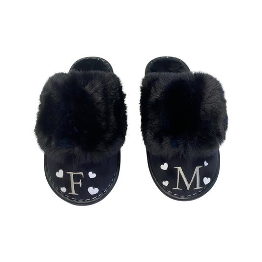 Black Personalized Slippers with White Hearts