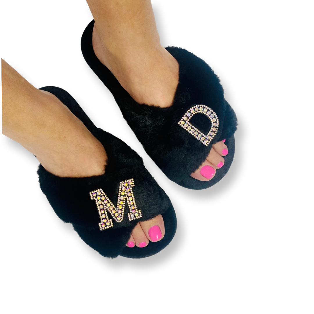 Black Diamante Crossover Personalized Slippers