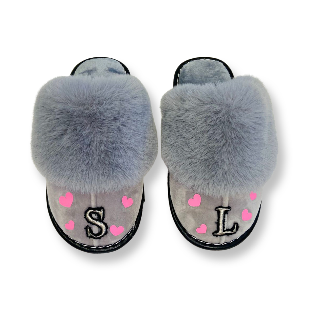 Grey Personalized Slippers with Pink Hearts