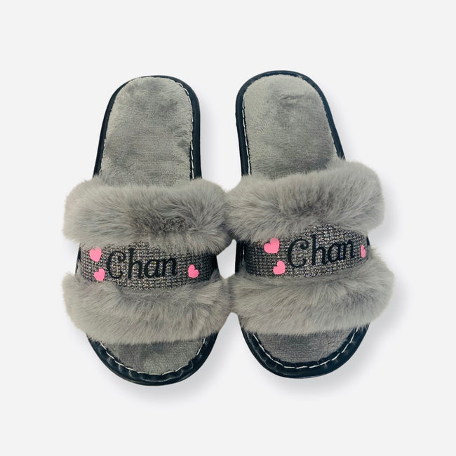 Valentines Customized Grey Glitter Slippers