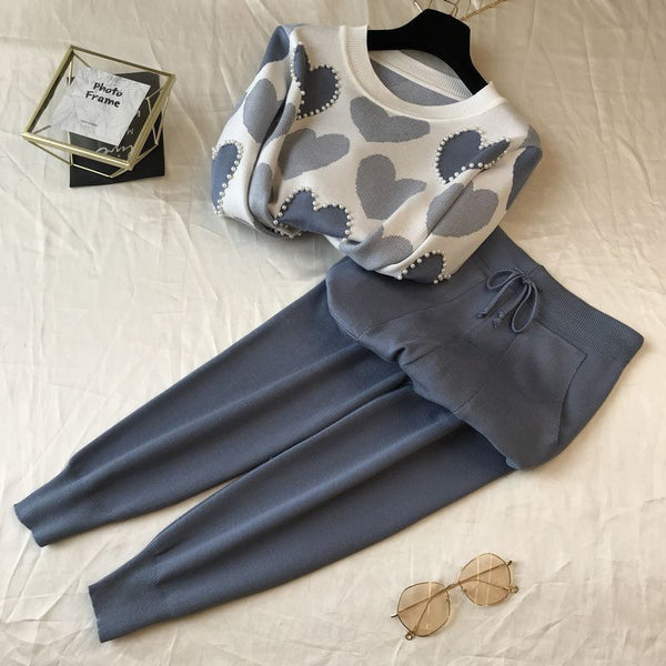 Blue Queen of Hearts Beaded Personalized Knitwear Loungewear set